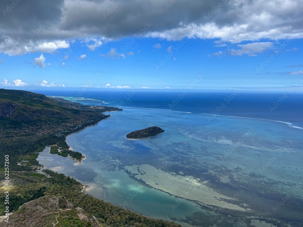 Ilôt Fourneau and its blue lagoon seen from le Morne Brabant in Mauritius