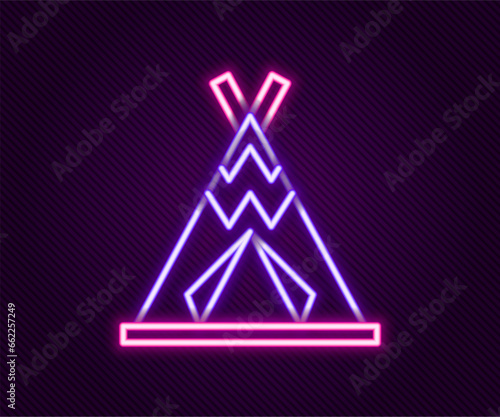 Glowing neon line Traditional indian teepee or wigwam icon isolated on black background. Indian tent. Colorful outline concept. Vector