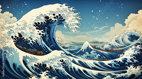 Photographie A Japanese great wave sea Japan engraved art design in a vintage woodcut intagli