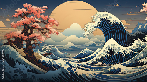 A Japanese great wave sea Japan engraved art design in a vintage woodcut intaglio style photo