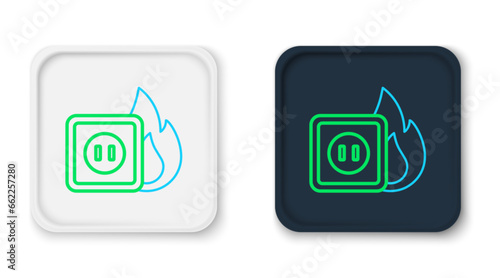 Line Electric wiring of socket in fire icon isolated on white background. Electrical safety concept. Plug outlet on fire. Colorful outline concept. Vector
