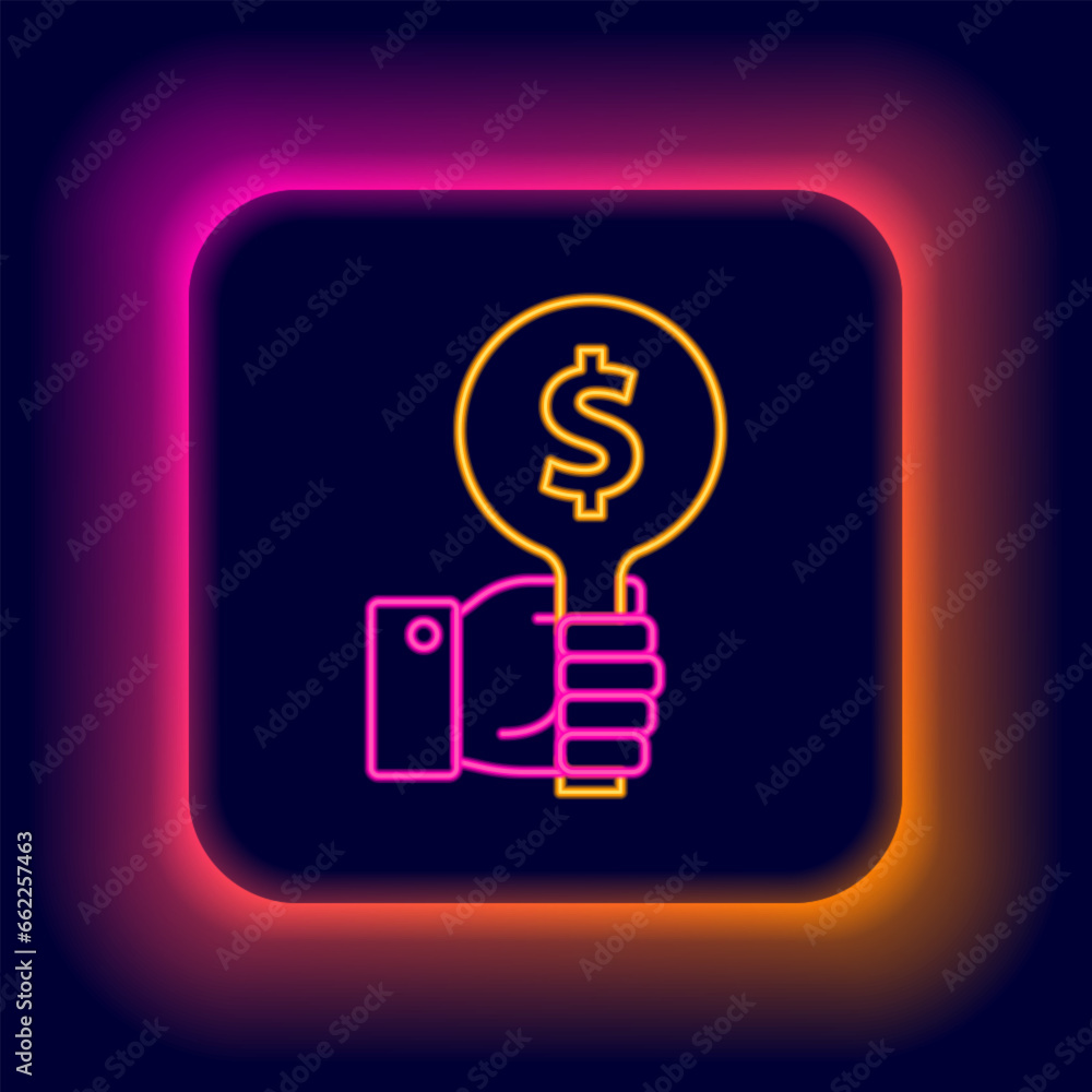 Glowing neon line Hand holding auction paddle icon isolated on black background. Bidding concept. Auction competition. Hands rising signs with BID inscriptions. Colorful outline concept. Vector
