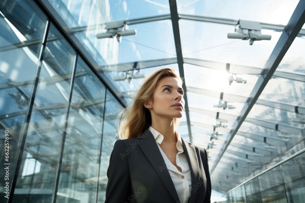 Business woman smile face walking office complex Business woman smile face walking office complex