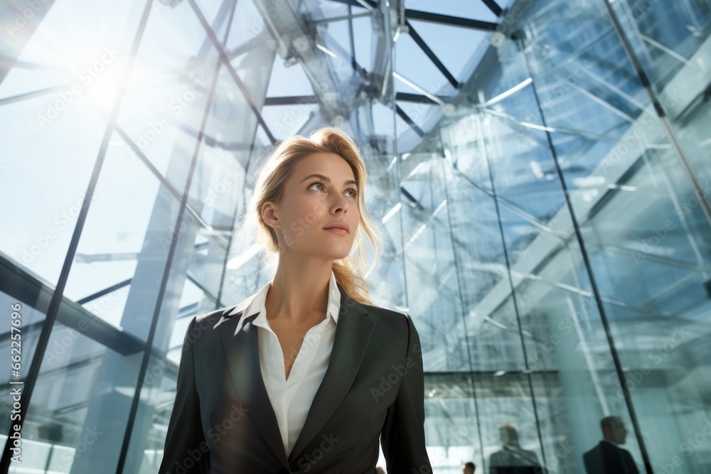 Business woman smile face walking office complex Business woman smile face walking office complex