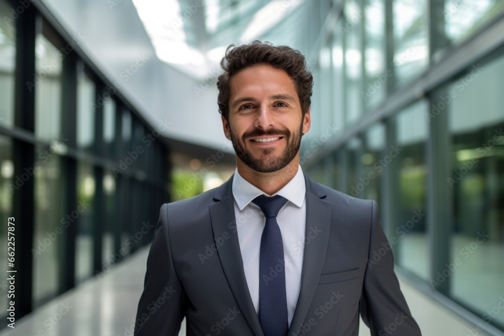 Fototapeta premium Businessman smile face walking office complex
