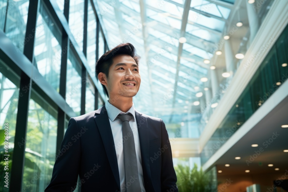 Asian Businessman smile face walking office complex