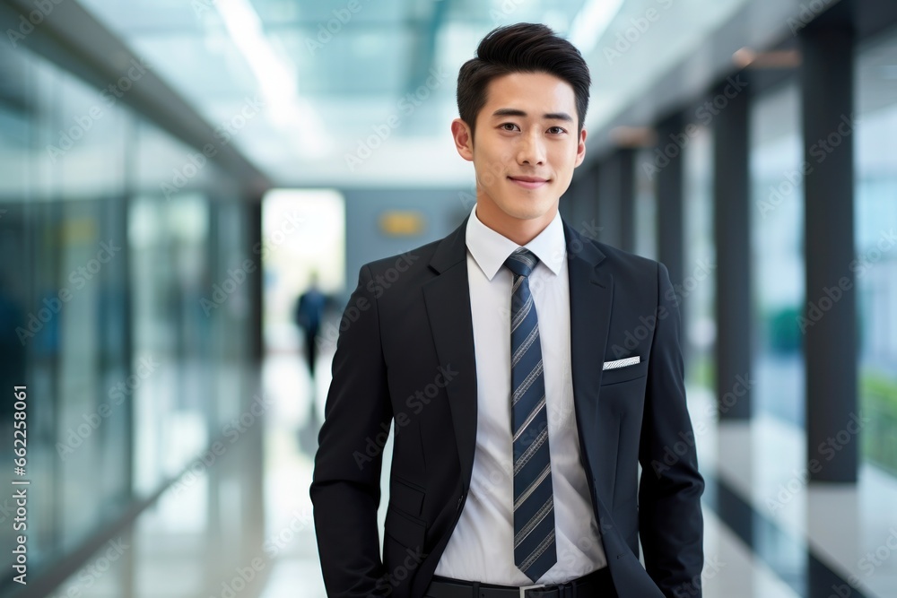 Asian Businessman smile face walking office complex