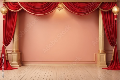 3d render of stage with blank screen for your design 3d render of stage with blank screen for your design red velvet curtains with a wooden frame. 3d illustration 3d rendering.