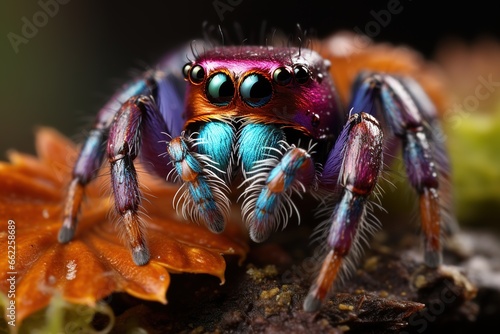 A striking macro photograph of a single Purple-Gold Jumping Spider (Irura bidenticulata) showcasing its vibrant colors and intricate patterns in stunning detail. © Boris