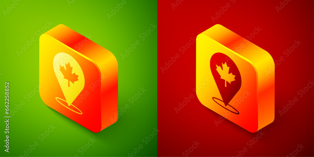 Isometric Canadian maple leaf icon isolated on green and red background. Canada symbol maple leaf. Square button. Vector Isometric Canadian maple leaf icon isolated on green and red background. Canada symbol maple leaf. Square button. Vector