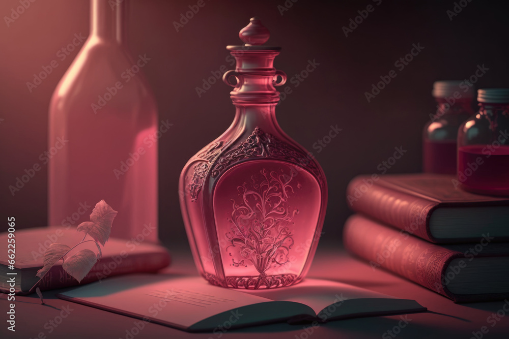 Glass bottle with red liquid. Magical alchemy potion