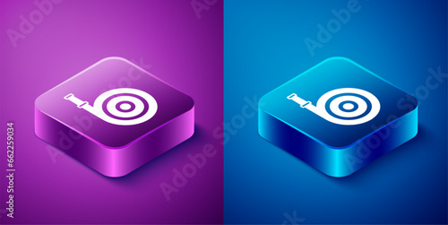 Isometric Fire hose reel icon isolated on blue and purple background. Square button. Vector