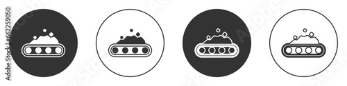 Black Conveyor belt carrying coal icon isolated on white background. Circle button. Vector