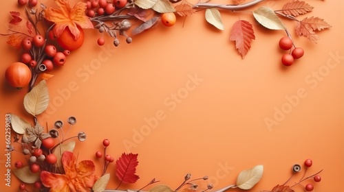  an orange background with autumn leaves and berries on the branches. generative ai