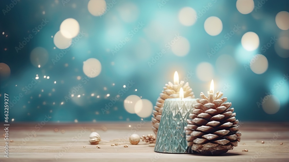  a pine cone candle is lit on a wooden table with blurry lights in the background.  generative ai