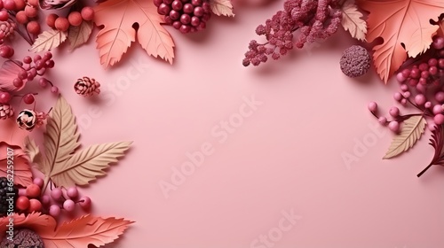  a pink background with leaves, berries and berries on it. generative ai