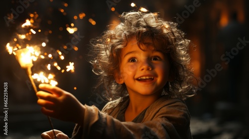 A child joyfully holding a sparkling sparkler during Diwali celebration