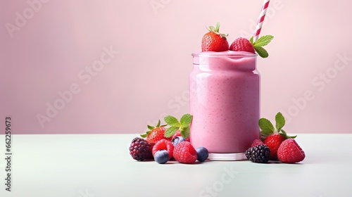  a smoothie in a glass with strawberries and raspberries. generative ai