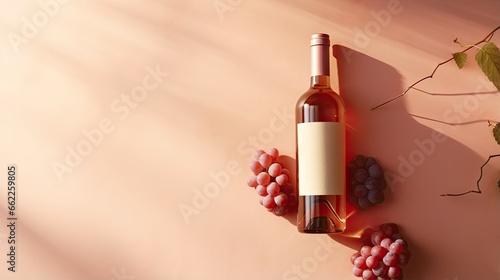  a bottle of wine and some grapes on a pink surface. generative ai