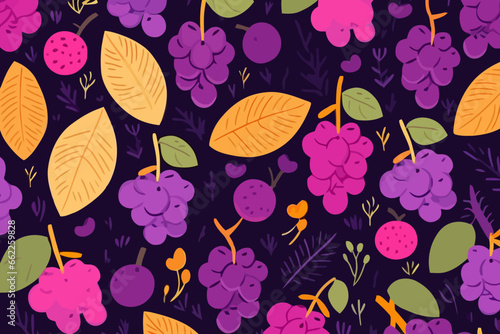 Grape harvest quirky doodle pattern, wallpaper, background, cartoon, vector, whimsical Illustration