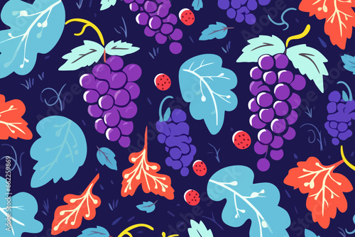 Grape harvest quirky doodle pattern, wallpaper, background, cartoon, vector, whimsical Illustration