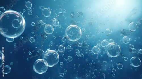  a lot of bubbles floating in the air on a blue background. generative ai