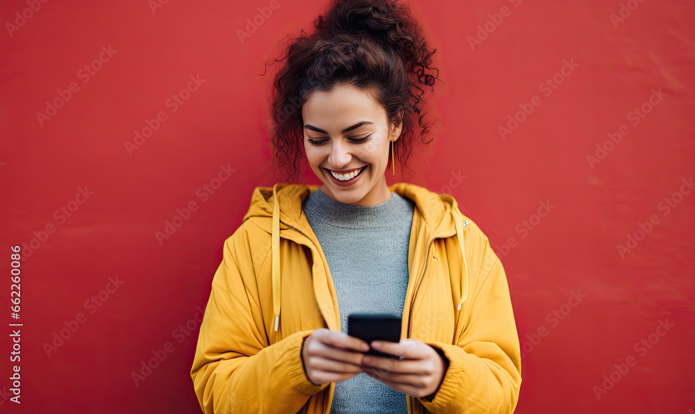 Smiling woman in a stylish yellow jacket, focused on her phone. Smiling woman in a stylish yellow jacket, focused on her phone.