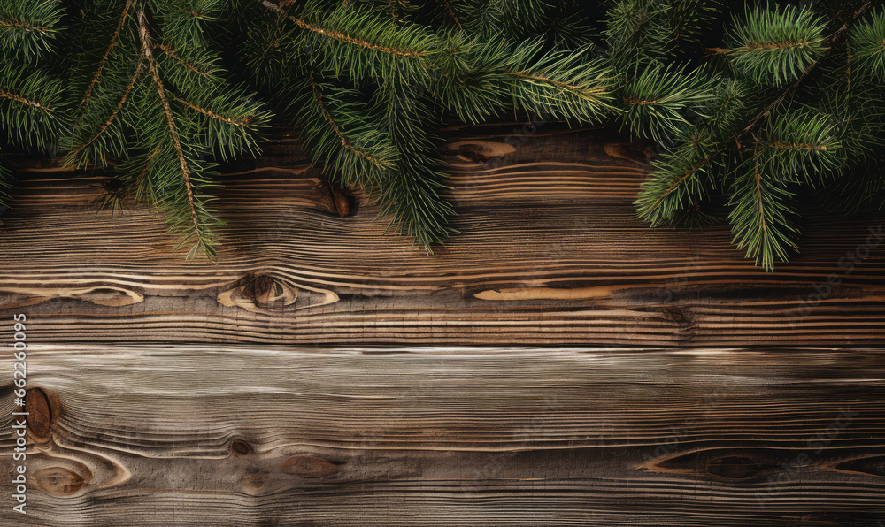 On a textured wooden surface, fresh pine branches. On a textured wooden surface, fresh pine branches.