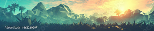 A tranquil polygonal landscape unfolds  with majestic mountains.