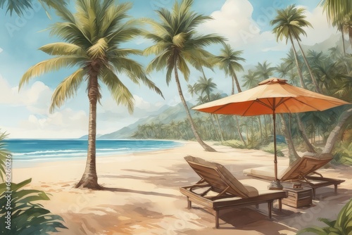 3d illustration of a beautiful tropical beach 3d illustration of a beautiful tropical beach tropical palm beach with sea and sky © Shubham