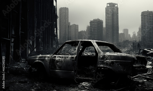 Burnt-out police car in an a city street backdrop. © Lidok_L