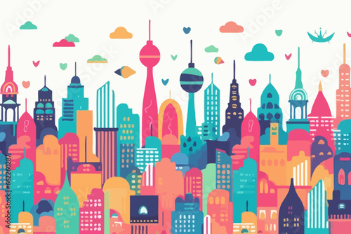 Kuala Lumpur skyline quirky doodle pattern, wallpaper, background, cartoon, vector, whimsical Illustration photo