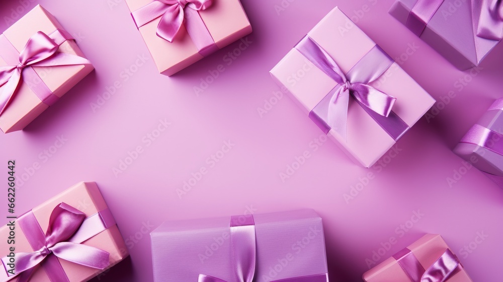 a group of pink wrapped presents on a purple background with ribbons. generative ai a group of pink wrapped presents on a purple background with ribbons. generative ai