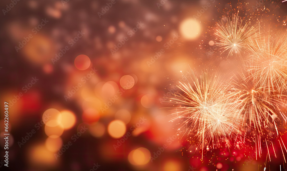 Fototapeta premium Dazzling fireworks and twinkling bokeh lights illuminate the dark night sky.