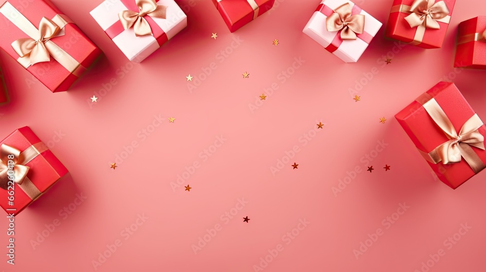 a group of red boxes with gold bows and stars on a pink background. generative ai a group of red boxes with gold bows and stars on a pink background. generative ai