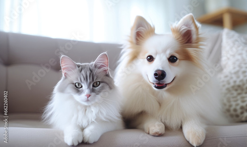 In a serene living room, two adorable pets, a dog and a cat.