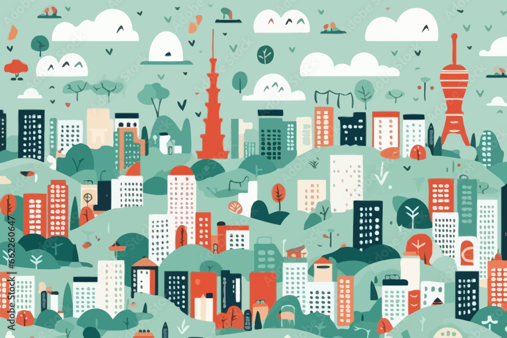Naklejka premium Taipei skyline quirky doodle pattern, wallpaper, background, cartoon, vector, whimsical Illustration
