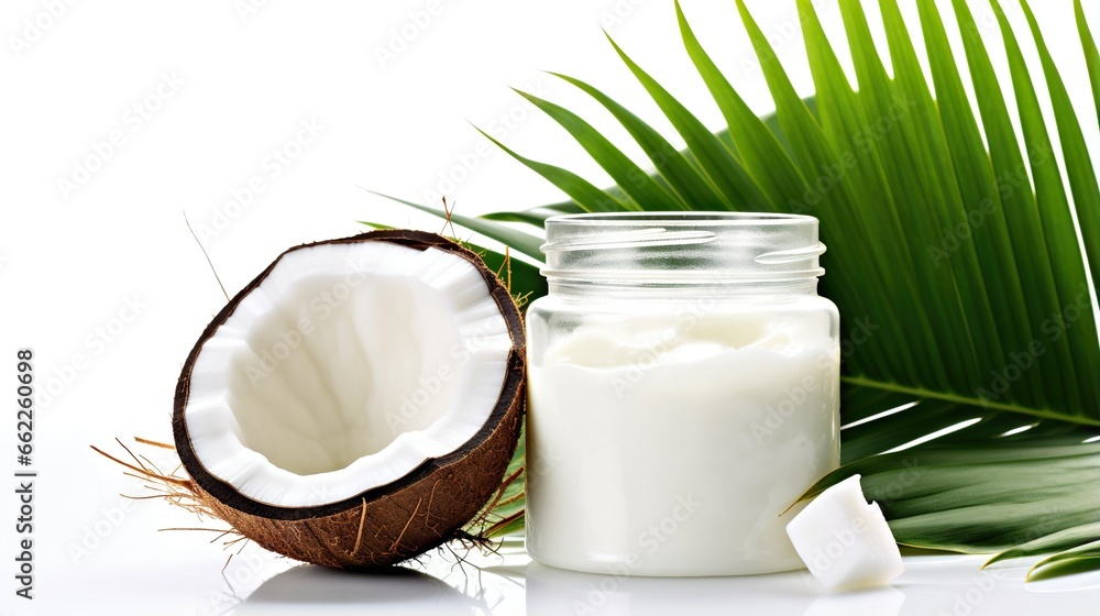 a bottle of coconut milk next to a half eaten coconut. generative ai a bottle of coconut milk next to a half eaten coconut. generative ai