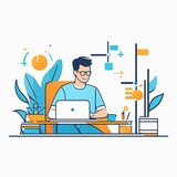 man working in office, flat design illustration man working in office, flat design illustration vector graphic design of office working with laptop, computer and office worker