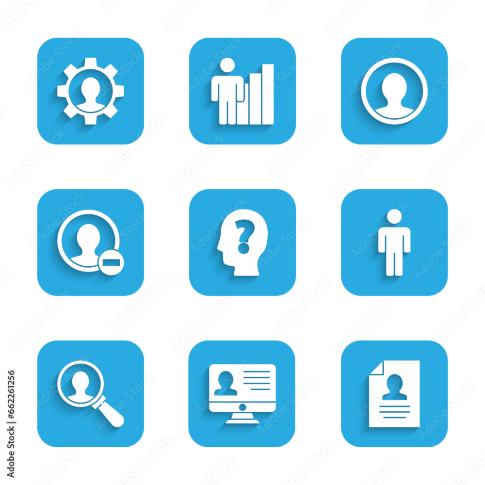 Set Head with question mark, Monitor resume, Resume, User of man, Magnifying glass for search, Create account screen, and Human gear icon. Vector Set Head with question mark, Monitor resume, Resume, User of man, Magnifying glass for search, Create account screen, and Human gear icon. Vector