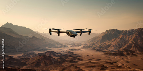 Drone hovers above a vast desert  modern technology.