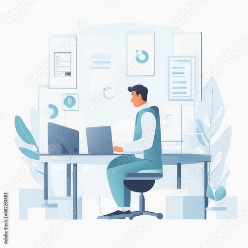 businessman in office with laptop. flat vector illustration isolated on white background. businessman in office with laptop. flat vector illustration isolated on white background. man working in the o