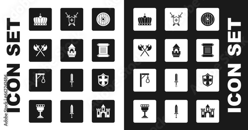 Leinwand Poster Set Round wooden shield, Castle tower, Crossed medieval axes, King crown, Decree, parchment, scroll, Medieval with swords, Shield and Gallows icon
