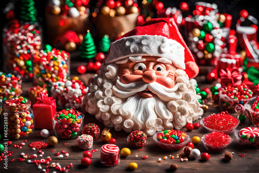 santa claus created with christmas candies and sweets like jolly colorful concept of funny illustration for kids 
