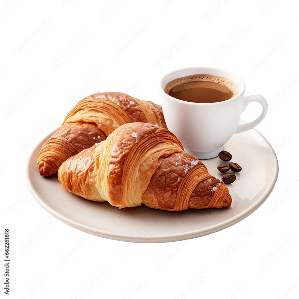Freshly Baked Croissants on a Plate with Coffee Isolated on a Transparent Background Freshly Baked Croissants on a Plate with Coffee Isolated on a Transparent Background