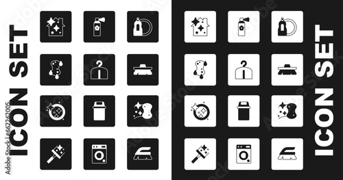 Set Dishwashing liquid bottle, Hanger wardrobe, Sponge, Home cleaning service, Brush for, Air freshener spray, and Washing dishes icon. Vector