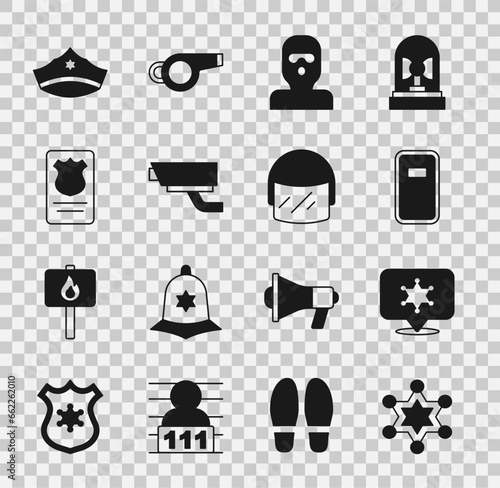 Set Hexagram sheriff, Police assault shield, Thief mask, Security camera, badge with id case, cap cockade and helmet icon. Vector