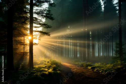 A Dreamy Forest with Mist and Soft Sunlight Filtering.