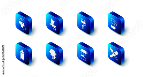 Set Paint spray gun, roller brush, Color palette guide, can and Car painting icon. Vector