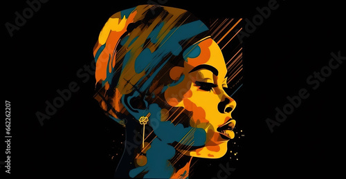 Portrait of African American Woman Watercolor Painting on Black Background